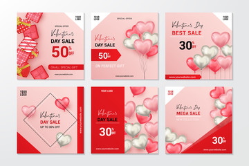 set of valentines sale banner for social media post template vector