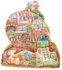 Fotobehang Fantasie huisjes Aquarel cartoon schattig fantasie huis in de vorm van een slak. Mooie illustratie op witte achtergrond. Perfect voor babyprint, kinderkamerinrichting, patroon, stof, textielontwerp, inpakpapier, scrapbooking