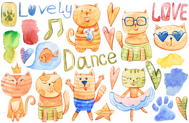 Watercolor cartoon cute cats clipart, fall in love. Big set for patterns, print, textile design, scrapbooking, valentines day card, baby shower, invitation, wrapping paper