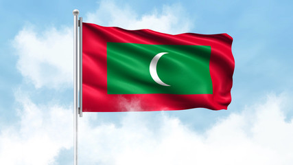 Maldives Flag Waving with Clouds Sky Background