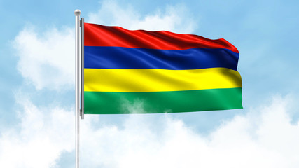 Mauritius Flag Waving with Clouds Sky Background