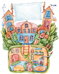 Watercolor hand painted fantasy houses, trees, mushrooms composition. Perfect for print, kids poster, design birthday invitation, baby shower, fabric, textile design
