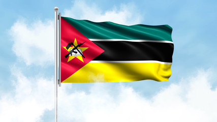 Mozambique Flag Waving with Clouds Sky Background