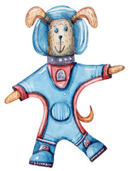 Watercolor hand painted clipart- cartoon dog cosmonaut. International Day of Human Space Flight. Illustration on white background.