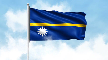 Nauru Flag Waving with Clouds Sky Background