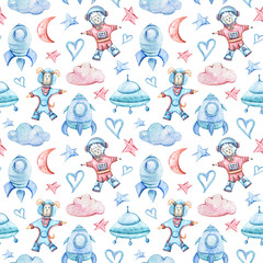 Watercolor hand painted seamless pattern- cartoon dog and sheep cosmonauts, clouds, cky rocket, star.International Day of Human Space Flight. Illustration on white background.
