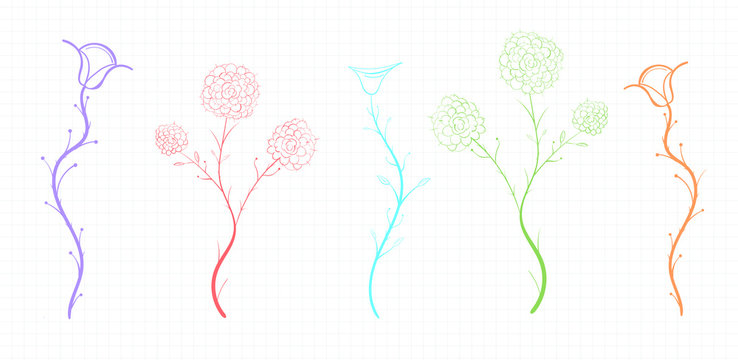 Colorful floral collection with leaves and flowers on a squared notebook sheet