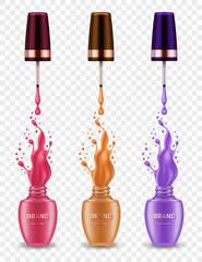 Set of realistic nail polish bottles with splashes on transparent background. Design element for cosmetic brand advertising poster