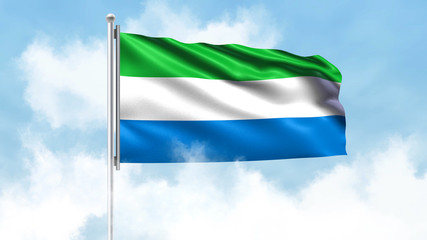 Fototapeta na wymiar Sierra Leone Flag Waving with Clouds Sky Background