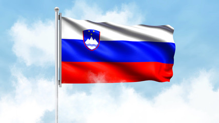 Slovenia Flag Waving with Clouds Sky Background