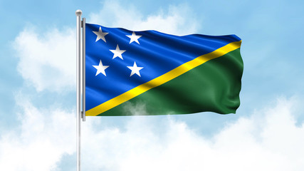 Solomon Islands Flag Waving with Clouds Sky Background