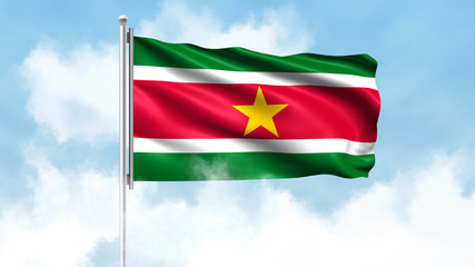 Fototapeta na wymiar Suriname Flag Waving with Clouds Sky Background