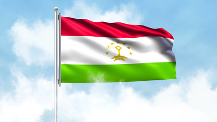 Fototapeta na wymiar Tajikistan Flag Waving with Clouds Sky Background