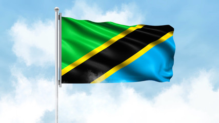 Tanzania Flag Waving with Clouds Sky Background