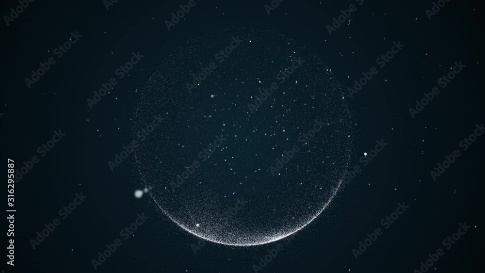 Poster shining magic particles flowing in space forming circle or sphere illuminated in darkness.