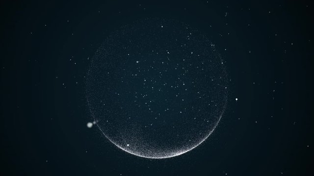 Shining magic particles flowing in space forming circle or sphere illuminated in darkness.
