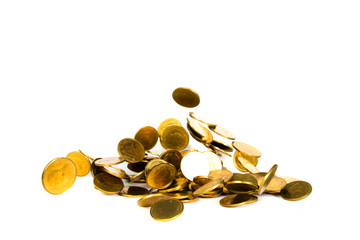 Movement of falling gold coin, flying coin, rain money isolated on white background, business and financial wealth and take profit concept.