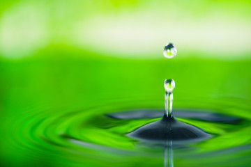 水面に落ちる滴と爽やかな緑背景
