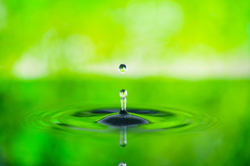 水面に落ちる滴と爽やかな緑背景