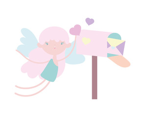 happy valentines day, cute cupid with hearts and mailbox message