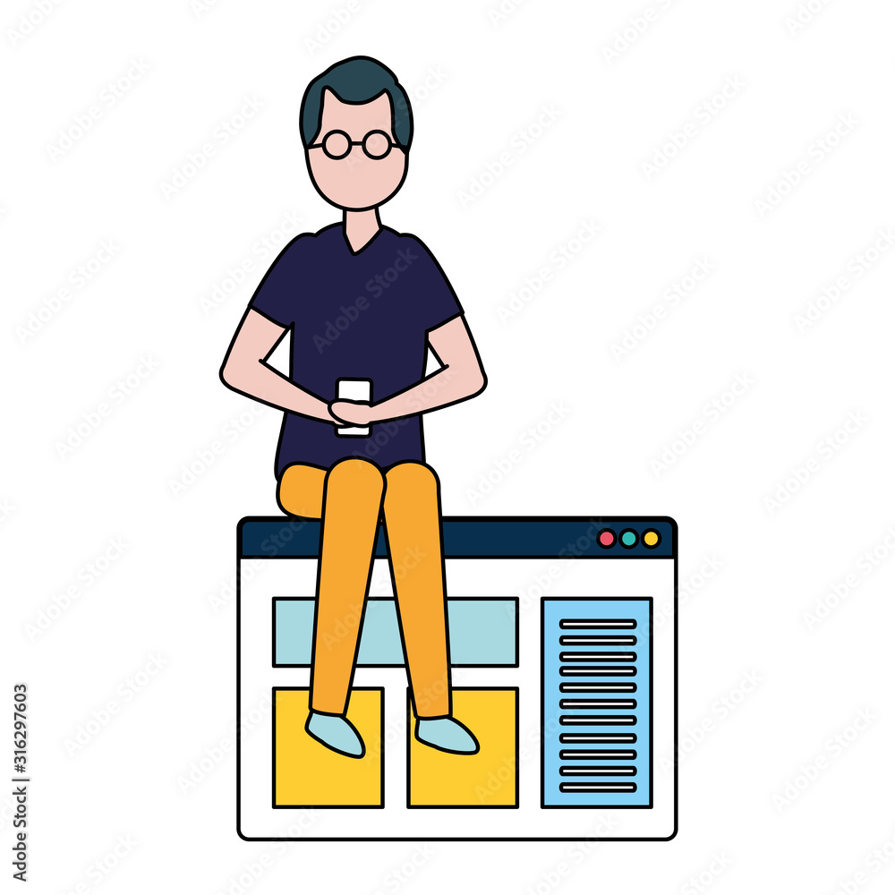 Poster man with smartphone and social network profile