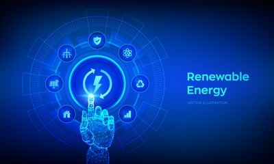 Renewable energy technology concept on virtual screen. Energy sources for renewable, sustainable development. Robotic hand touching digital interface. Vector illustration. © iuriimotov