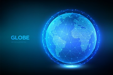 Earth globe illustration. World map point and line composition concept of global network connection. Blue futuristic background with planet Earth. Internet and technology. Vector illustration.