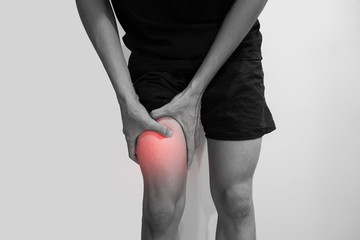 Man with knee pain over Gray background