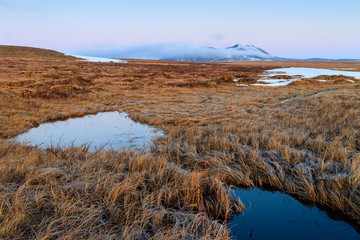 Landscape with swampy tundra and hills. The beginning of June in the Arctic. Traveling and hiking in the far north of Russia. Chukotka, Siberia, Russian Far East.