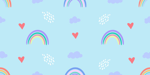 Vector pattern with colorful rainbows, clouds and other elements. Seamless texture for baby clothes, bed linen, wrapping paper