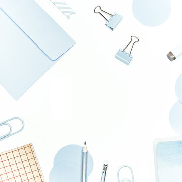 stationery envelope invitation card flatlay girly blue workspace feminine delicate modern planner bujo envelope