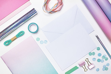 note book planner stationery envelope invitation confetti pencil flatlay pastel colors glitter