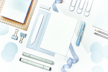 stationery envelope invitation card  flatlay light blue workspace feminine delicate modern planner bujo envelope