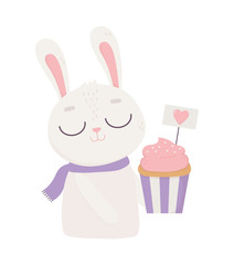 happy valentines day, cute bunny with cupcake heart romantic