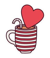happy valentines day, cup chocolate with red heart and candy cane