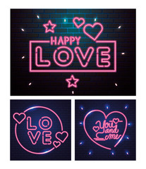set of lettering of neon light for valentines day