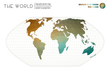 Fototapeta na wymiar Polygonal world map. Eckert VI projection of the world. Brown Blue Green colored polygons. Contemporary vector illustration.