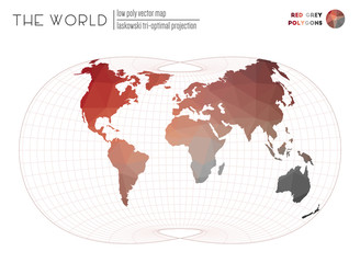 Low poly design of the world. Laskowski tri-optimal projection of the world. Red Grey colored polygons. Amazing vector illustration.