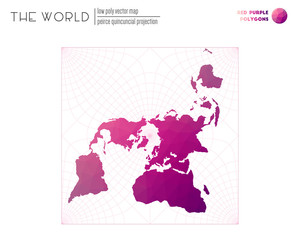 World map in polygonal style. Peirce quincuncial projection of the world. Red Purple colored polygons. Energetic vector illustration.