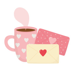 happy valentines day, coffee cup and message envelopes hearts love passion