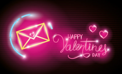 Naklejka premium happy valentines day label in neon light, icons valentine day