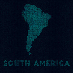 South America tech map. Continent symbol in digital style. Cyber map of South America with continent name. Authentic vector illustration.
