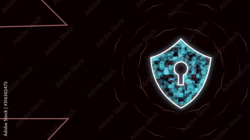 Poster beaming blue padlock in red circle over black background with abstract digital circuit appearing.