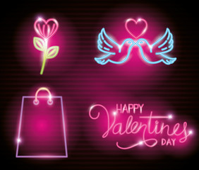 set of valentine icons in neon light