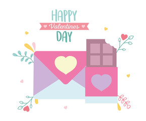 happy valentines day, envelope message chocolate bar foliage decoration
