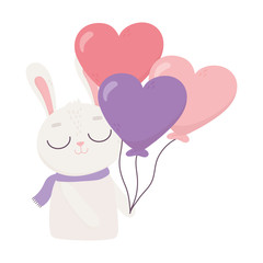 happy valentines day, cute rabbit with balloons shaped hearts love