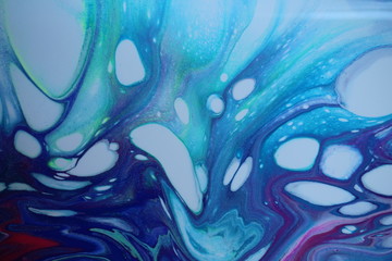 A wave of teal, blue, purple, and white dances upwards in this abstract acrylic painting for backgrounds.