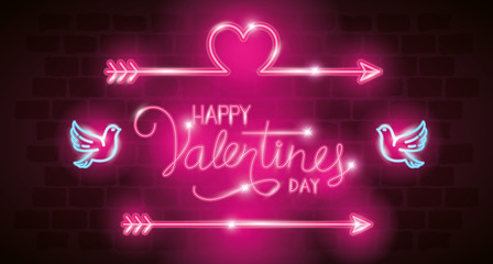 happy valentines day label in neon light, icons valentine day vector illustration design