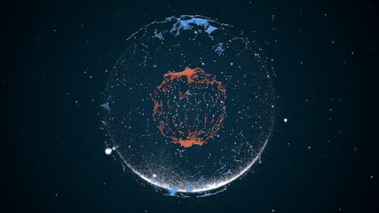 Abstract blockchain moving lines and dots over planet with glowing nucleus inside and particles glittering around.