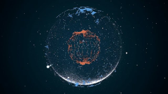 Abstract blockchain moving lines and dots over planet with glowing nucleus inside and particles glittering around.
